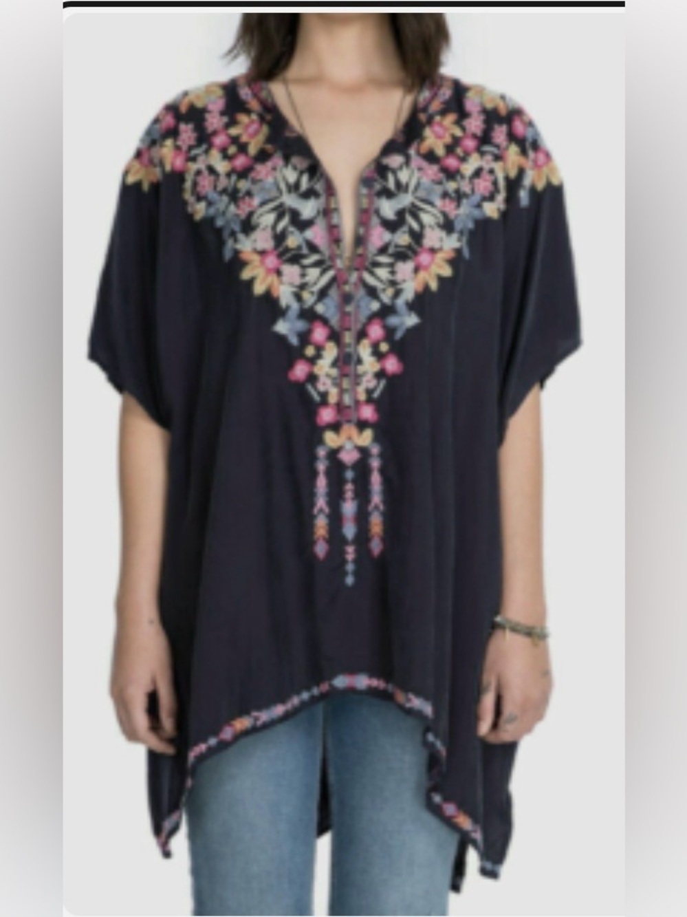 JOHNNY WAS ALIA BOHEMIAN PONCHO BLUE FLOWY EMBROIDERED TOP SIZE XSMALL